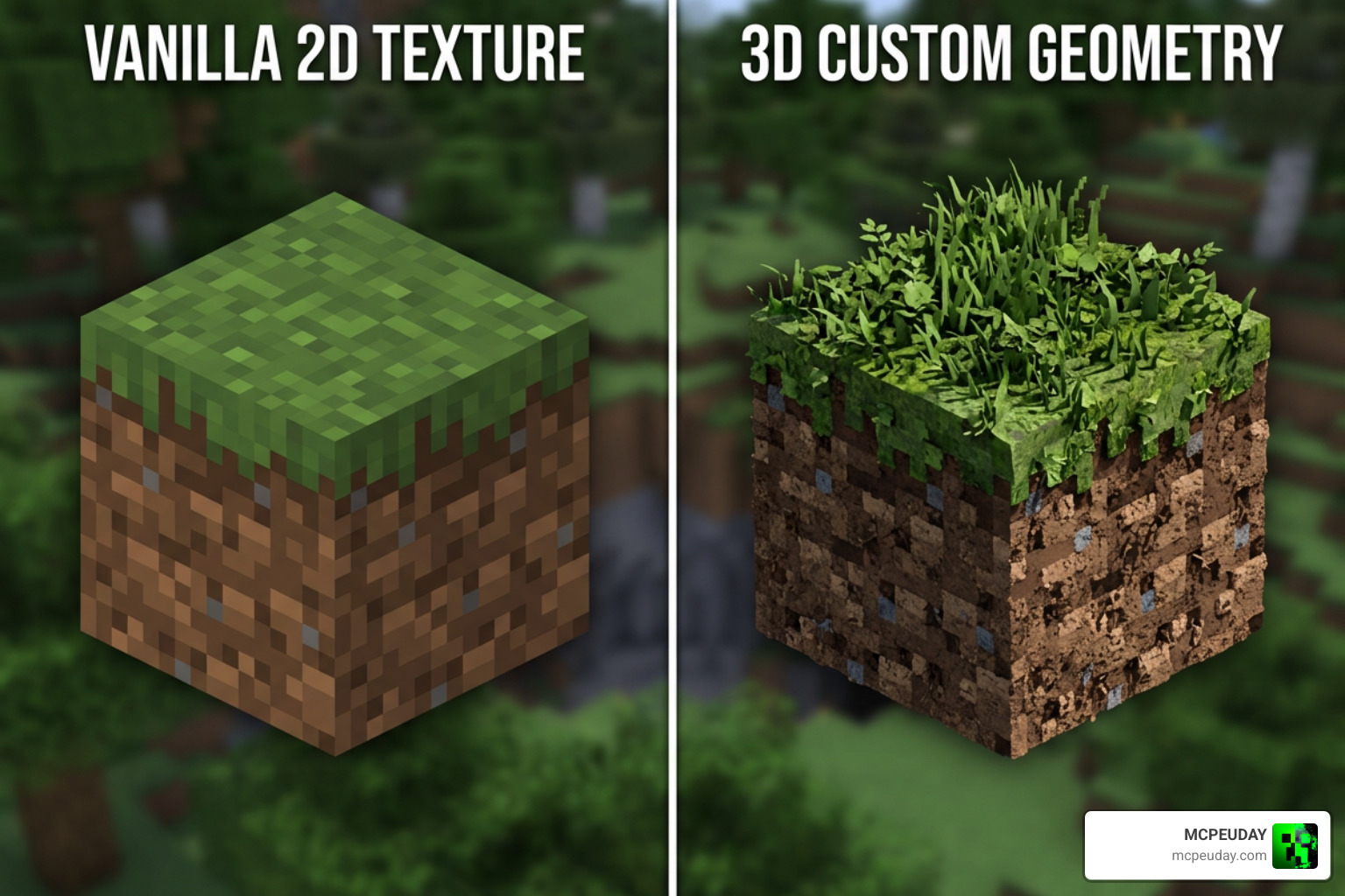 Comparison of flat 2D vanilla textures versus 3D block models with custom geometry