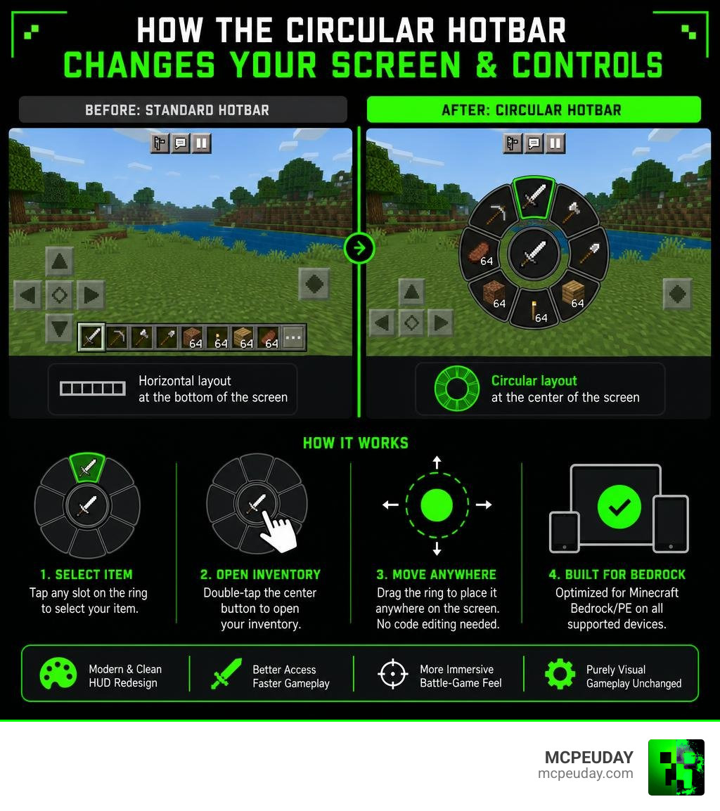 Infographic showing how the circular hotbar changes the Minecraft Bedrock screen layout and controls infographic