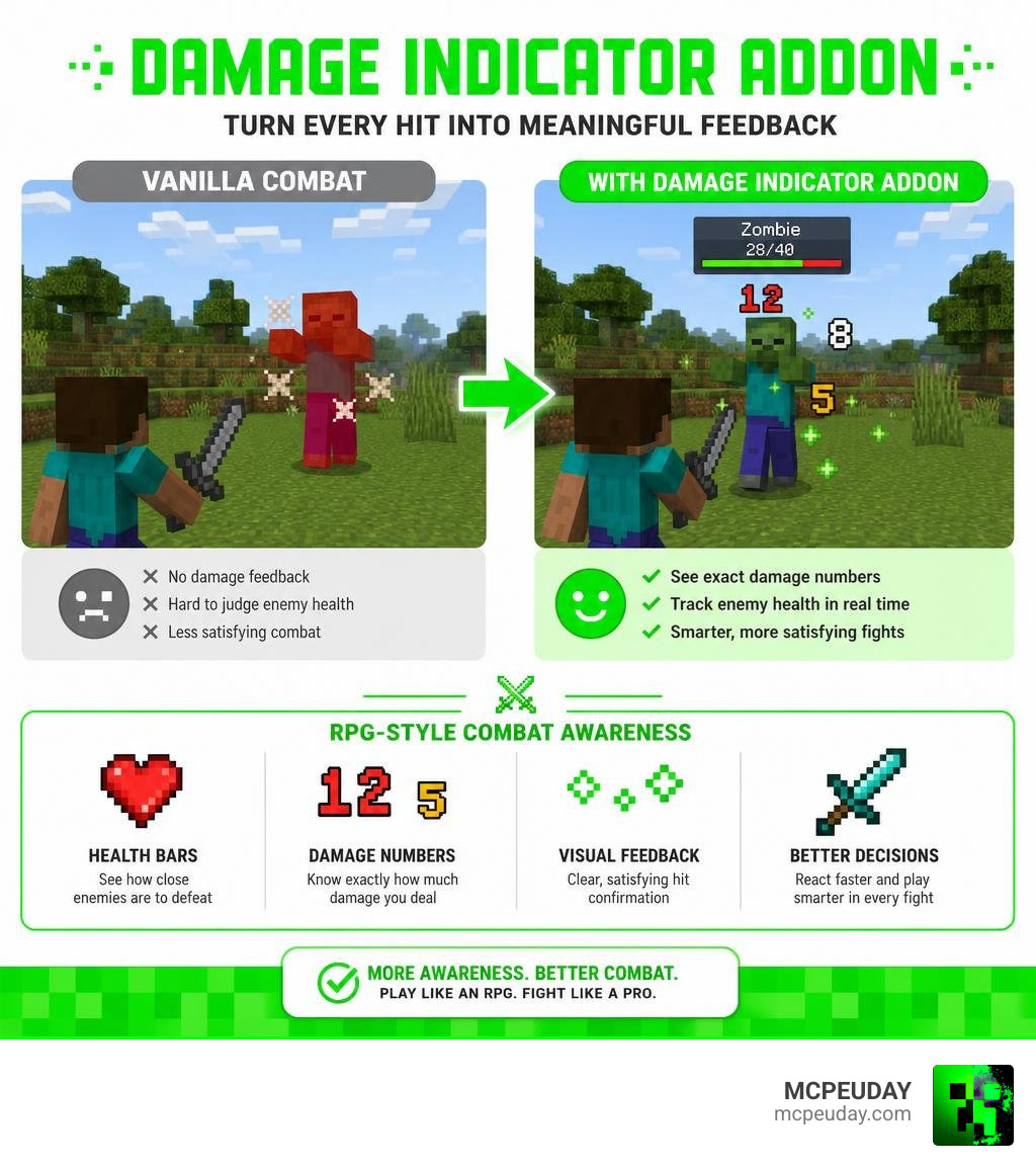 Infographic showing how damage indicator addons improve Minecraft combat awareness with floating numbers, health bars, and