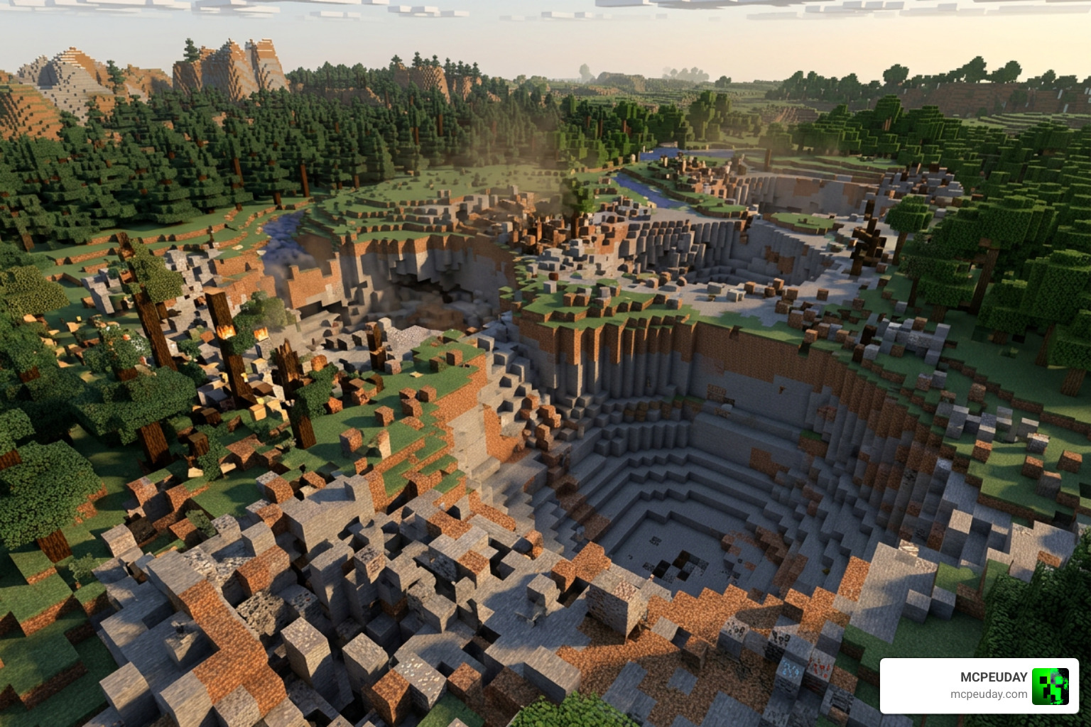 Mega TNT and Giga TNT massive craters in a Minecraft landscape