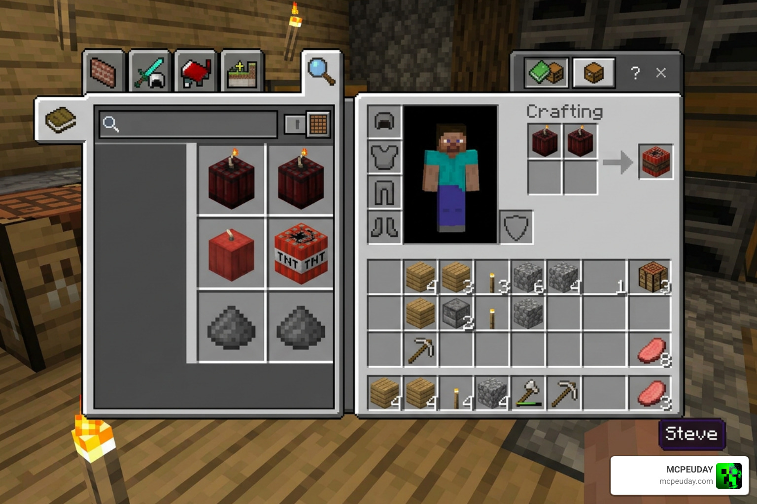 Custom TNT crafting interface in Minecraft Bedrock with custom blocks