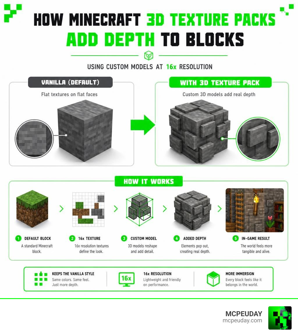 Infographic showing how Minecraft 3D texture packs add depth to blocks using custom models at 16x resolution infographic