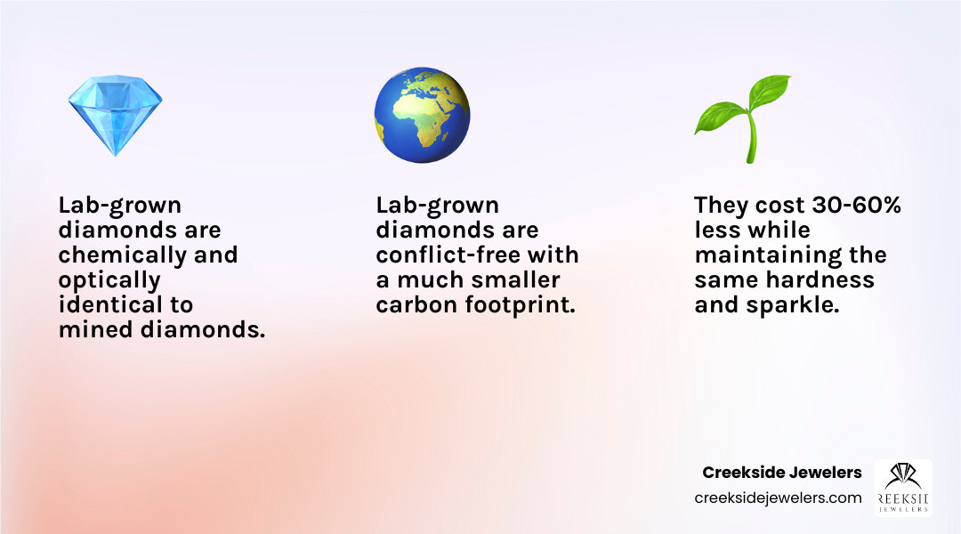 Lab-grown diamond benefits infographic: cost savings, ethical sourcing, identical quality, certified grading infographic
