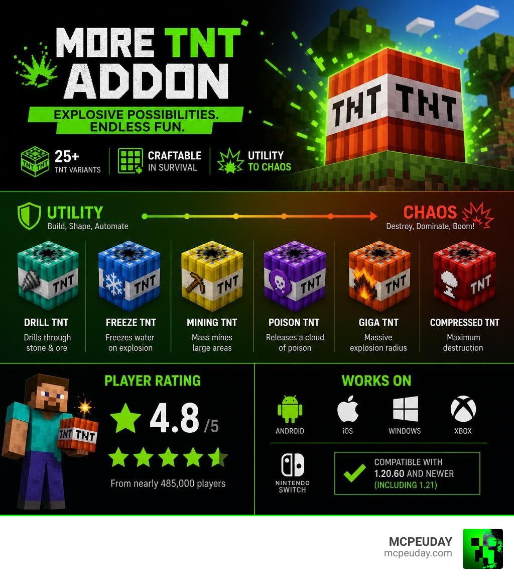 Infographic showing More TNT Addon variants from utility to chaos with ratings and compatibility info infographic