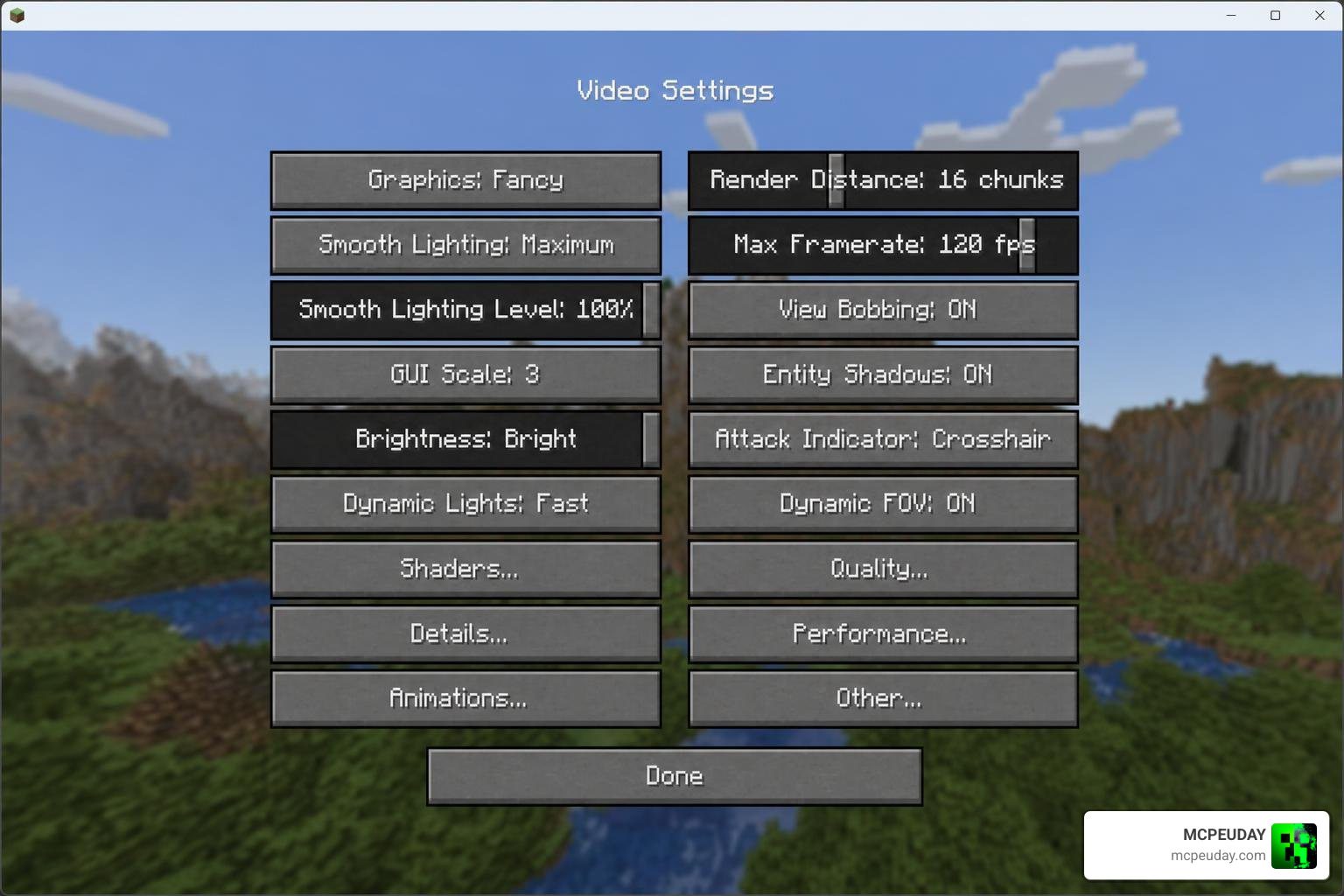 Minecraft video settings menu showing performance optimization options