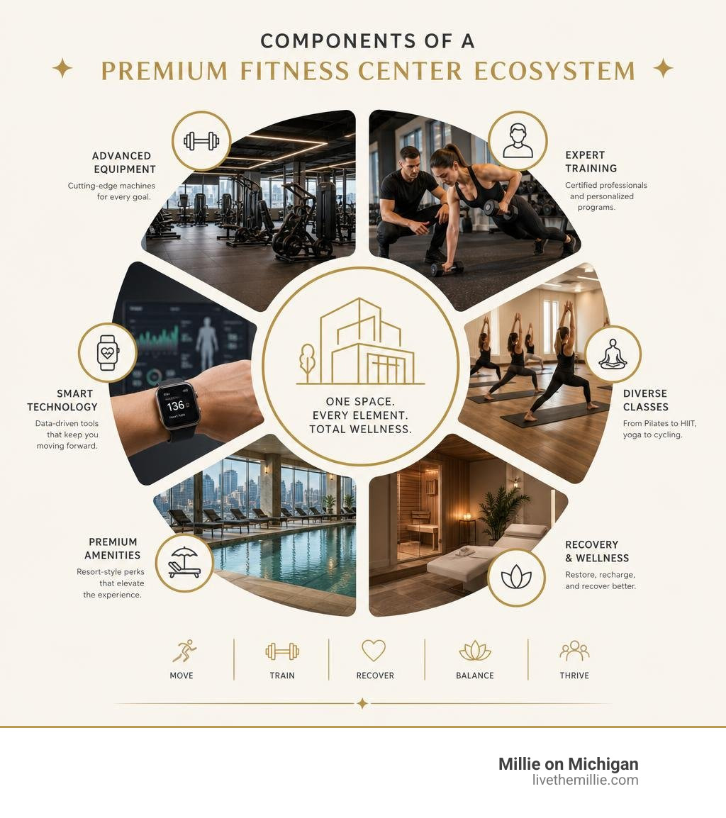 Components of a premium fitness center ecosystem infographic infographic