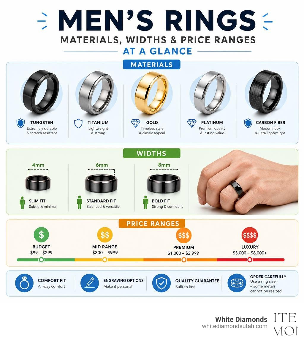 Infographic showing men's ring materials, widths, and price ranges at a glance infographic Infographic showing men's ring materials, widths, and price ranges at a glance infographic