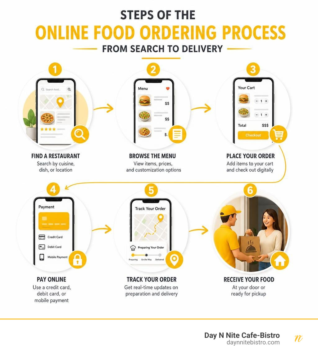 Steps of the online food ordering process from search to delivery infographic