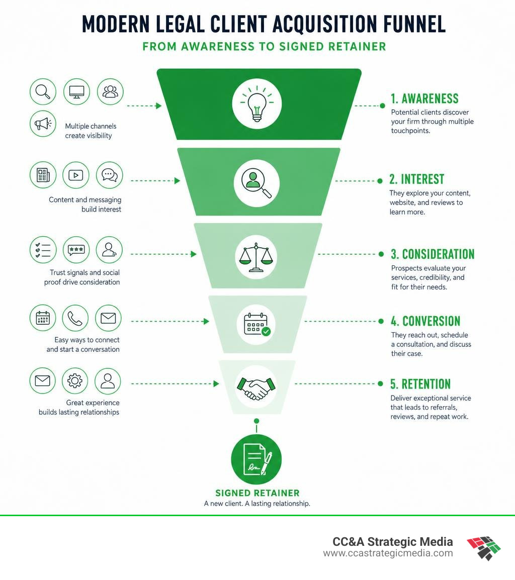 Modern legal client acquisition funnel from awareness to signed retainer infographic