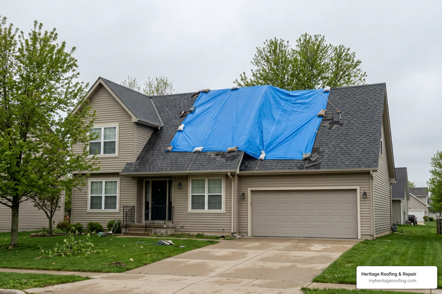 A home with a blue emergency tarp installed over storm-damaged shingles to prevent water ingress A home with a blue emergency tarp installed over storm-damaged shingles to prevent water ingress