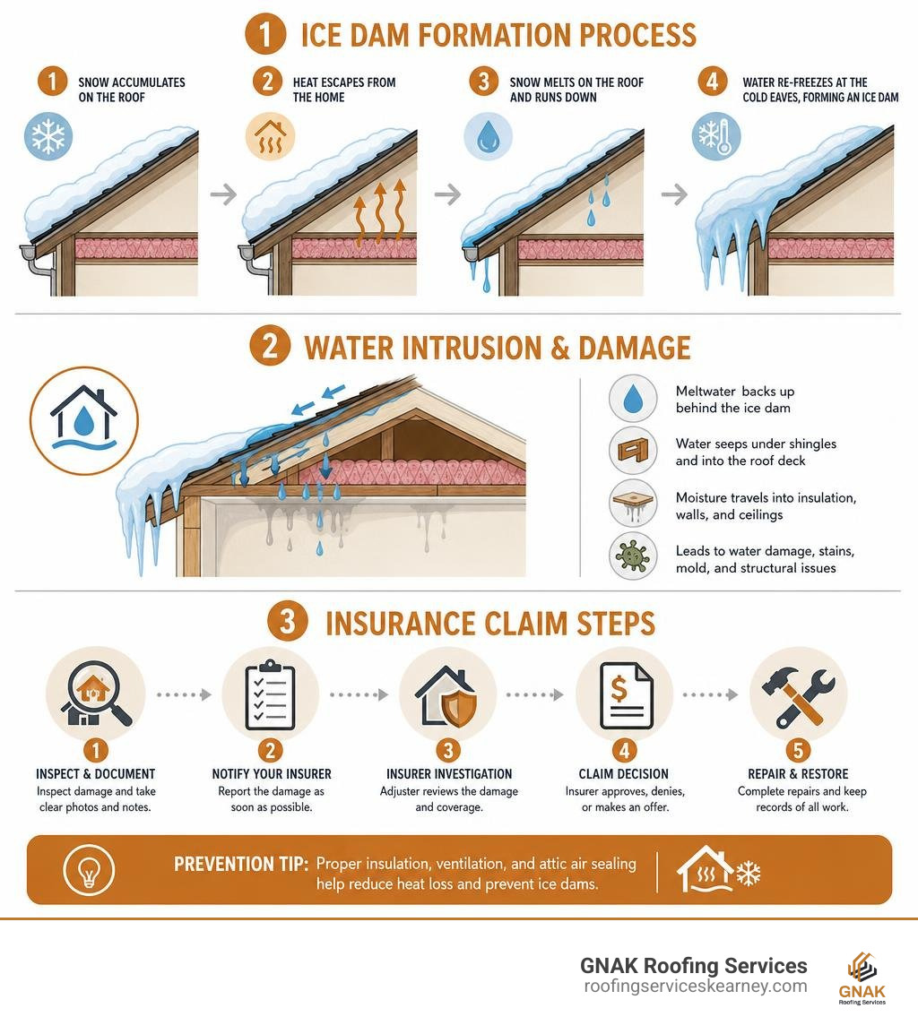 ice dam formation process showing freeze-thaw cycle water intrusion and insurance claim steps infographic ice dam formation process showing freeze-thaw cycle water intrusion and insurance claim steps infographic