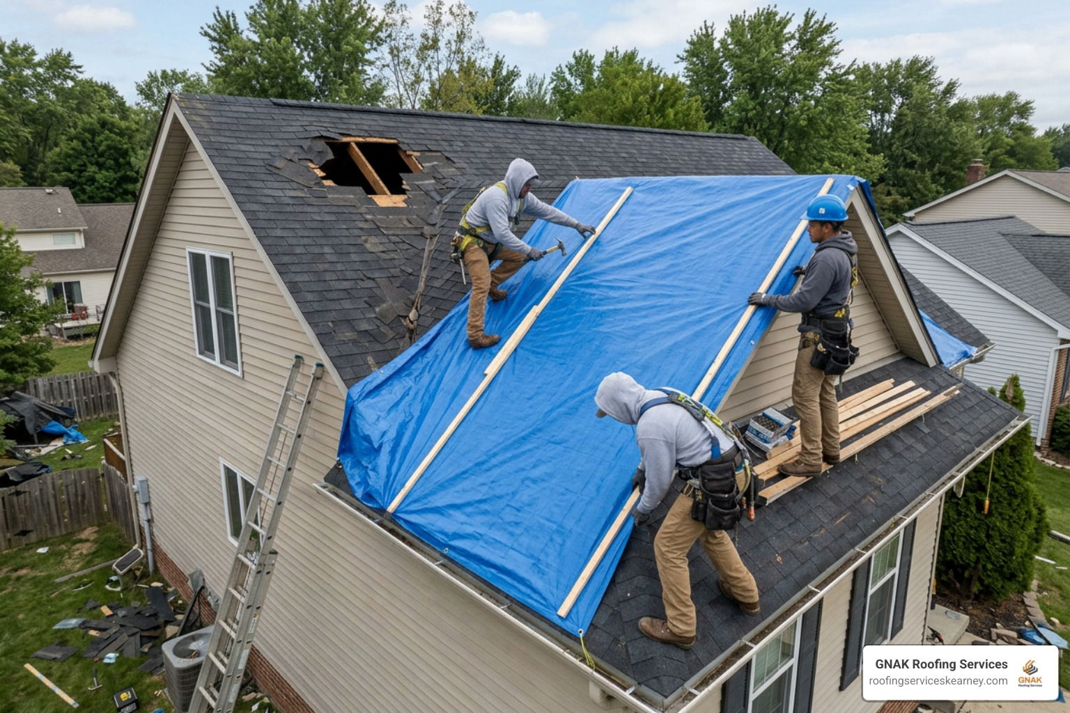 emergency roof tarping being installed on a damaged home emergency roof tarping being installed on a damaged home