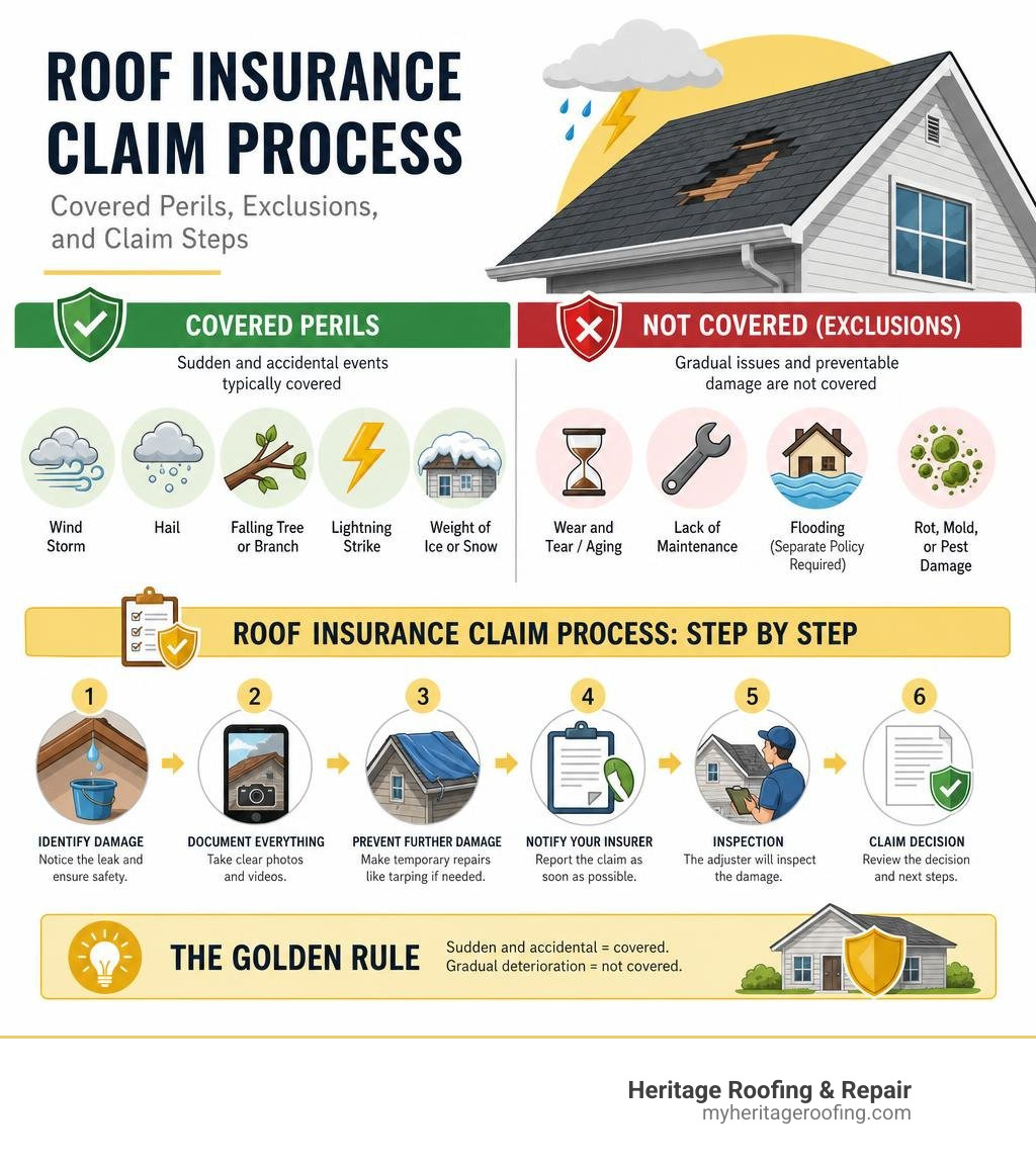 Infographic showing roof insurance claim process: covered perils, exclusions, and claim steps infographic Infographic showing roof insurance claim process: covered perils, exclusions, and claim steps infographic