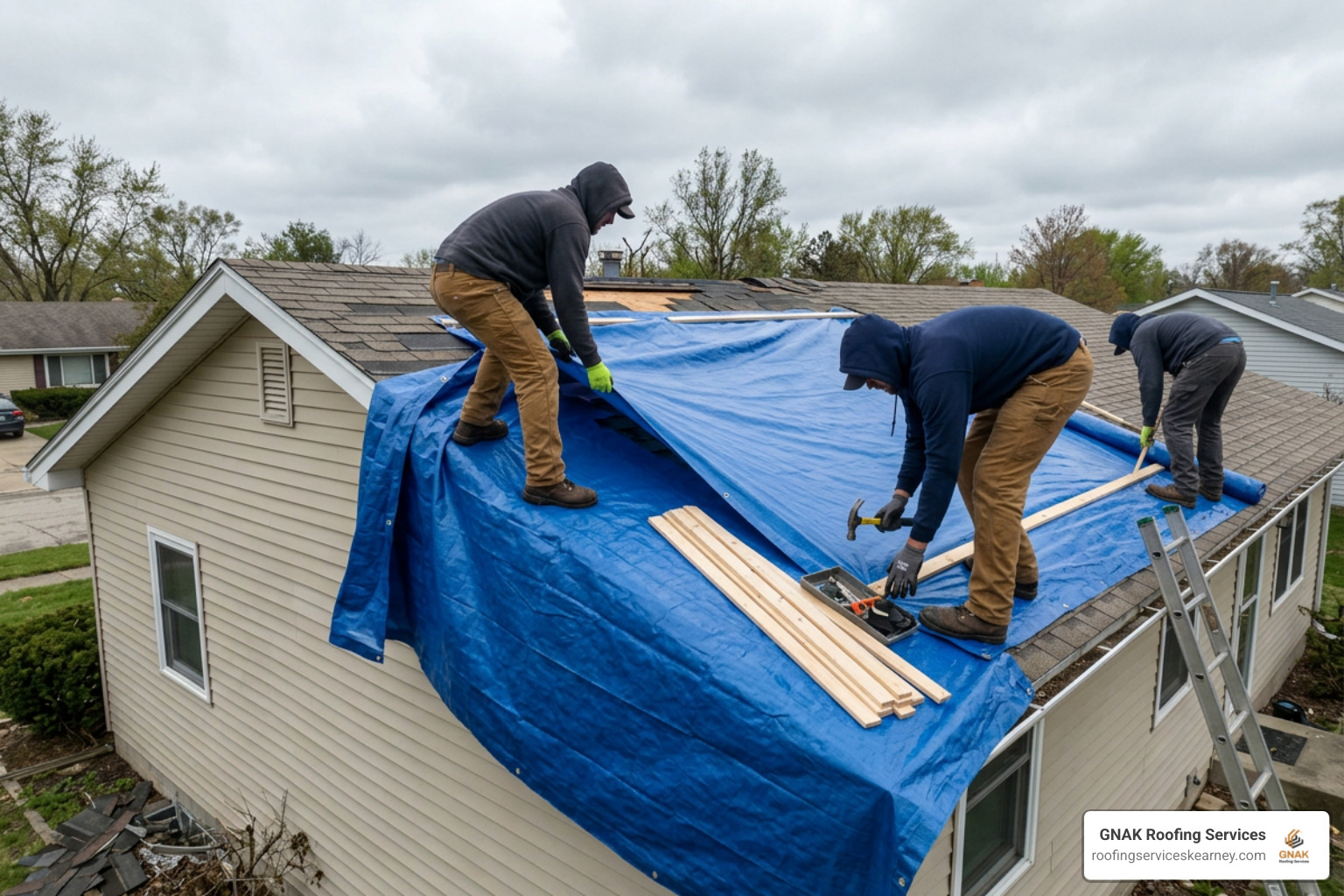 emergency roof tarping in progress