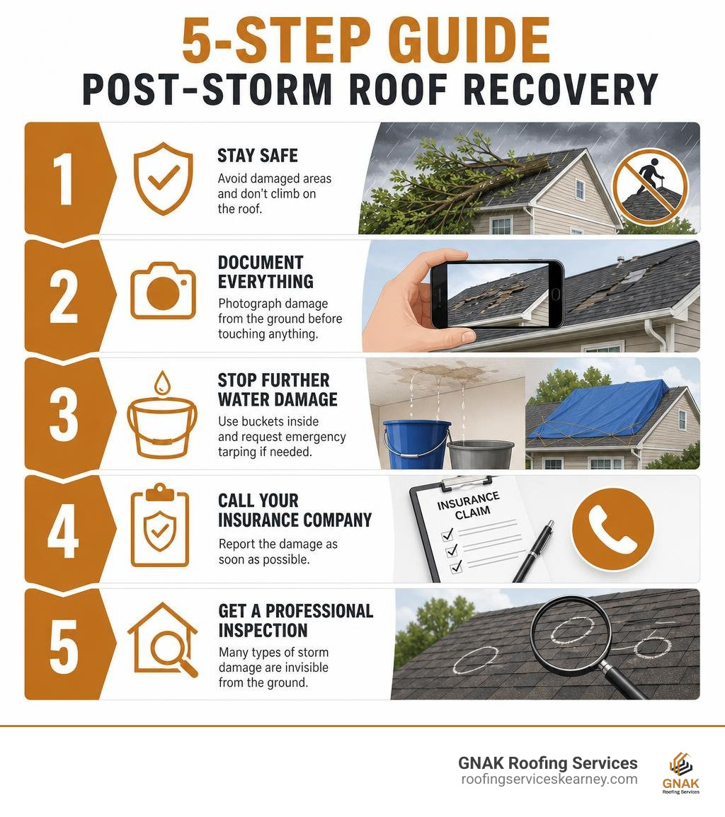 5-step infographic showing post-storm roof recovery: safety, documentation, temporary protection, insurance claim 5-step infographic showing post-storm roof recovery: safety, documentation, temporary protection, insurance claim