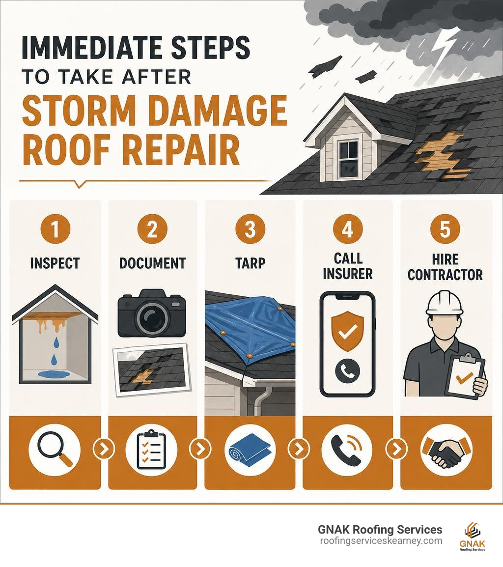 Immediate steps to take after storm damage roof repair: inspect, document, tarp, call insurer, hire contractor infographic