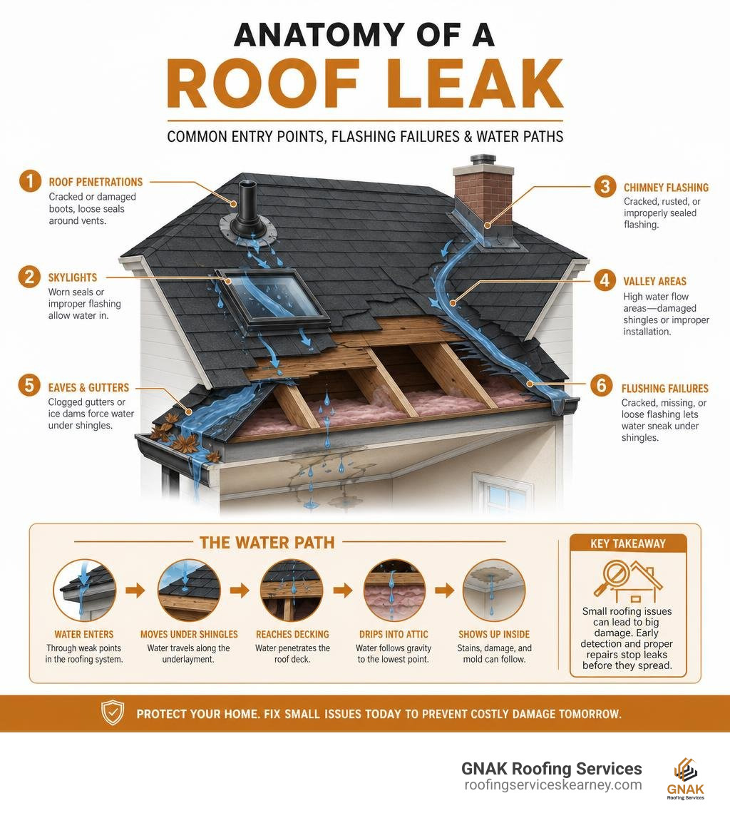 Anatomy of a roof leak showing common entry points, flashing failures, and water paths infographic