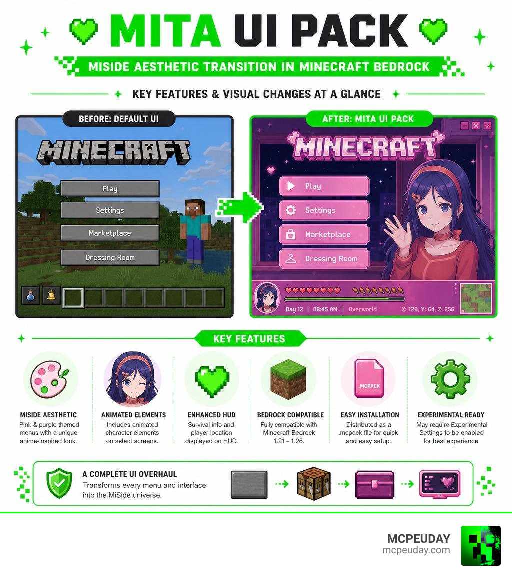 Mita UI Pack MiSide aesthetic transition in Minecraft Bedrock — key features and visual changes at a glance infographic