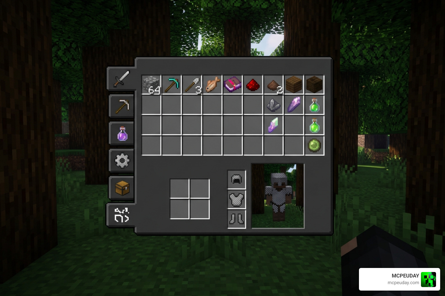 Dark mode GUI with modded inventory layout showing support for custom item tabs