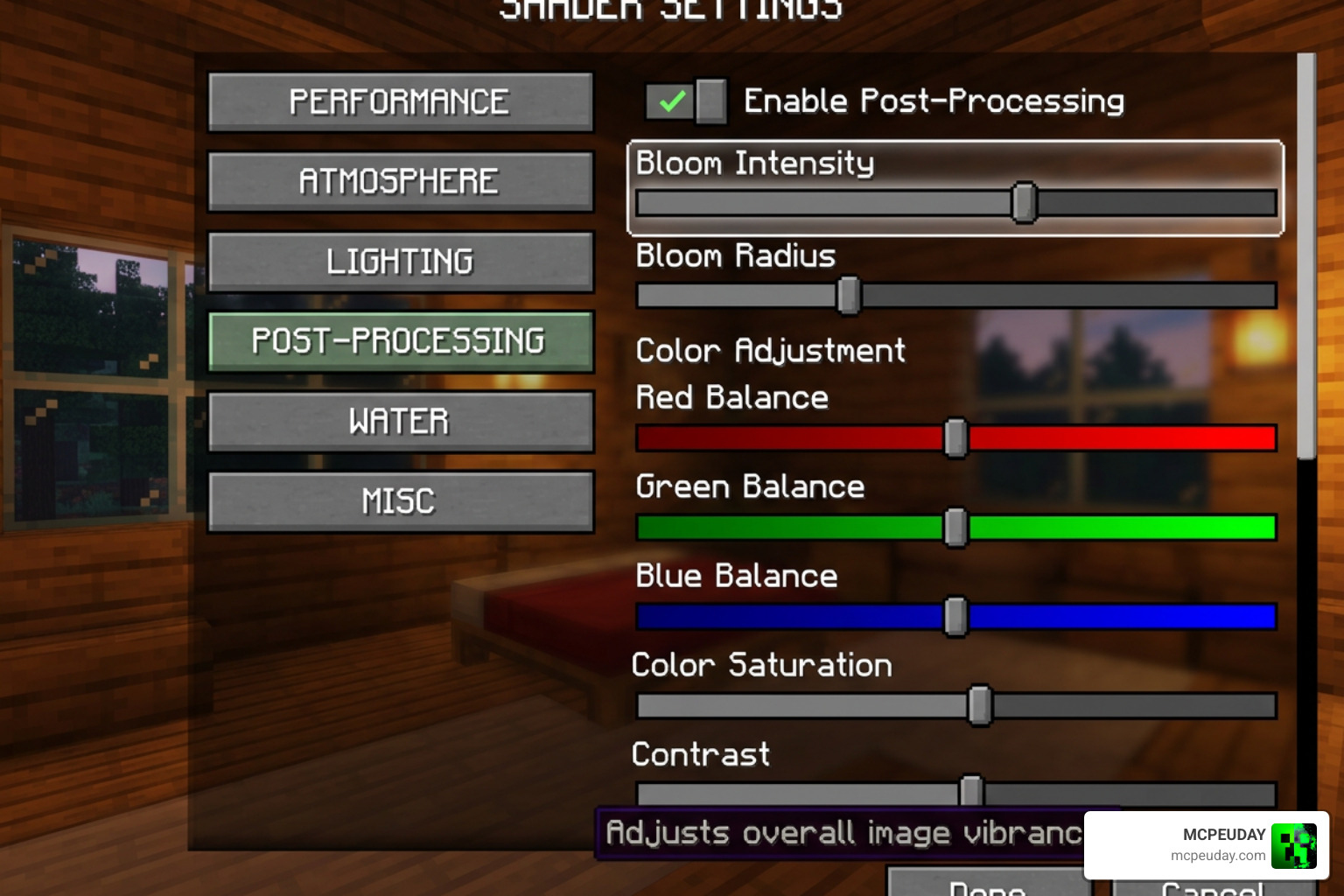 Shader settings menu overview in Minecraft Shader settings menu overview in Minecraft
