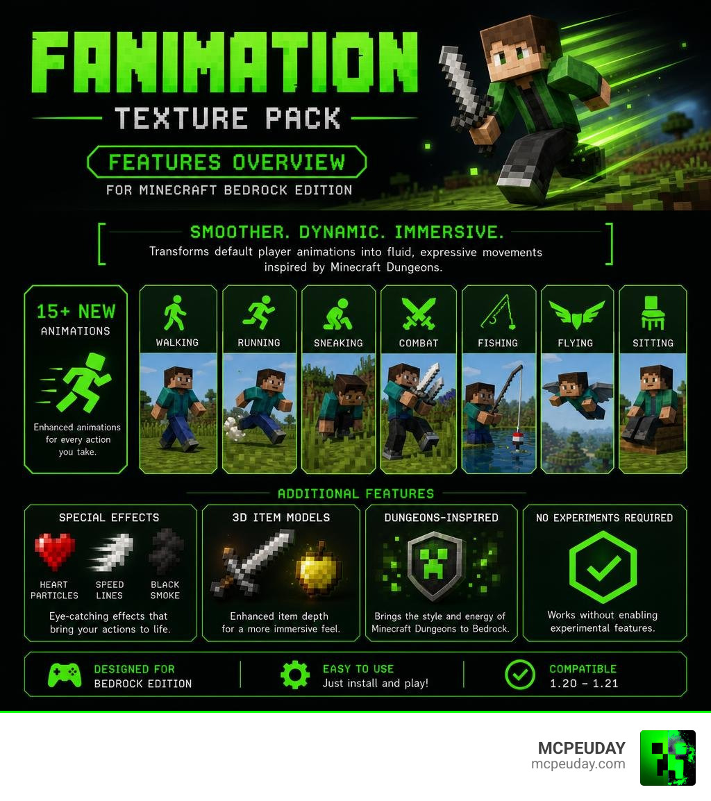 FAnimation Texture Pack features overview infographic for Minecraft Bedrock Edition infographic FAnimation Texture Pack features overview infographic for Minecraft Bedrock Edition infographic