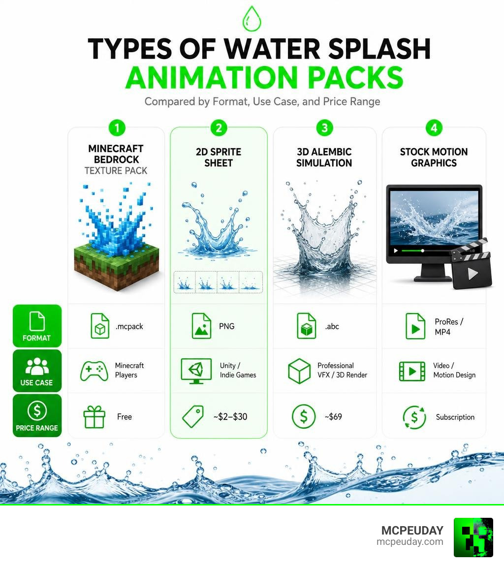 Types of water splash animation packs compared by format, use case, and price range infographic Types of water splash animation packs compared by format, use case, and price range infographic