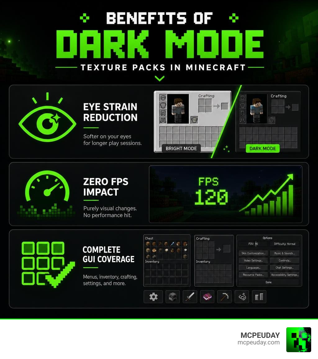 Benefits of dark mode texture packs in Minecraft infographic showing eye strain reduction, zero FPS impact, and GUI coverage