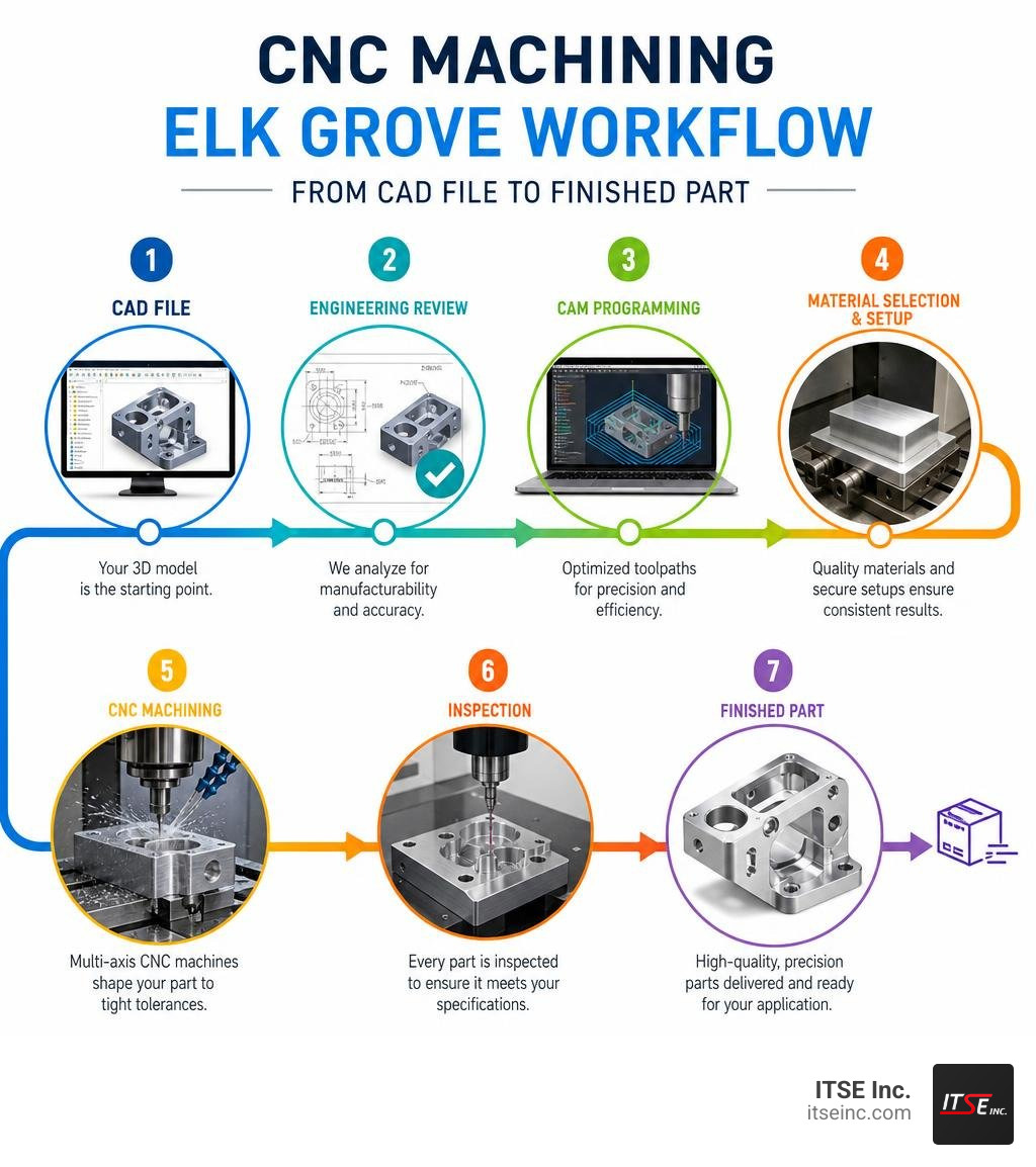 CNC machining Elk Grove workflow from CAD file to finished part infographic infographic