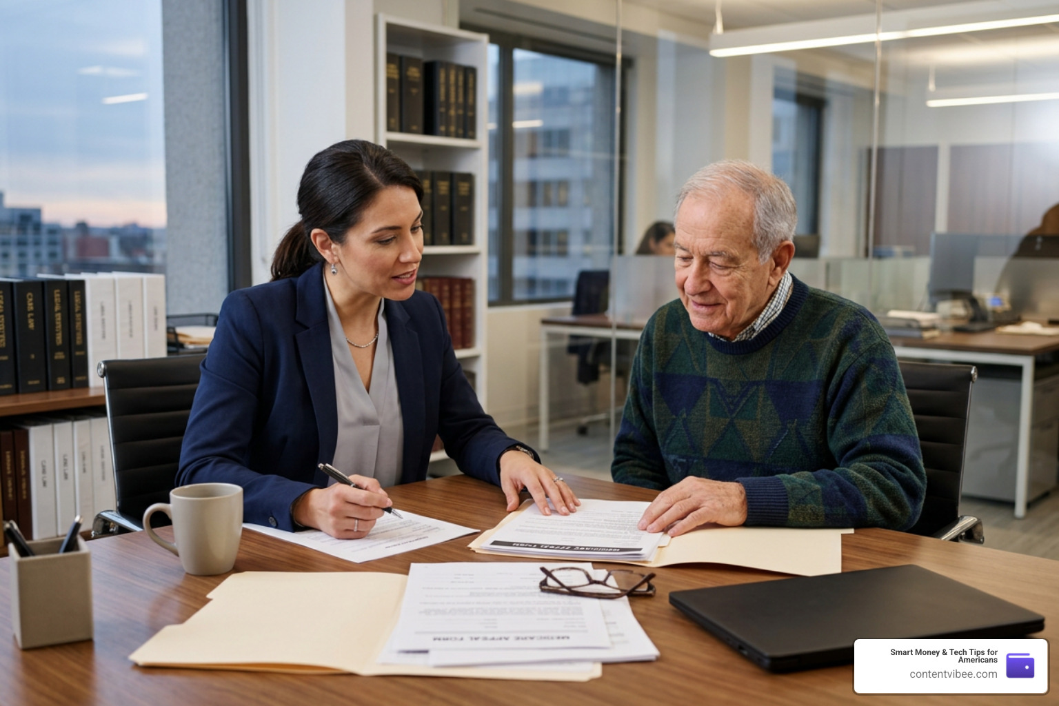 Attorney consulting with senior client about Medicare appeals