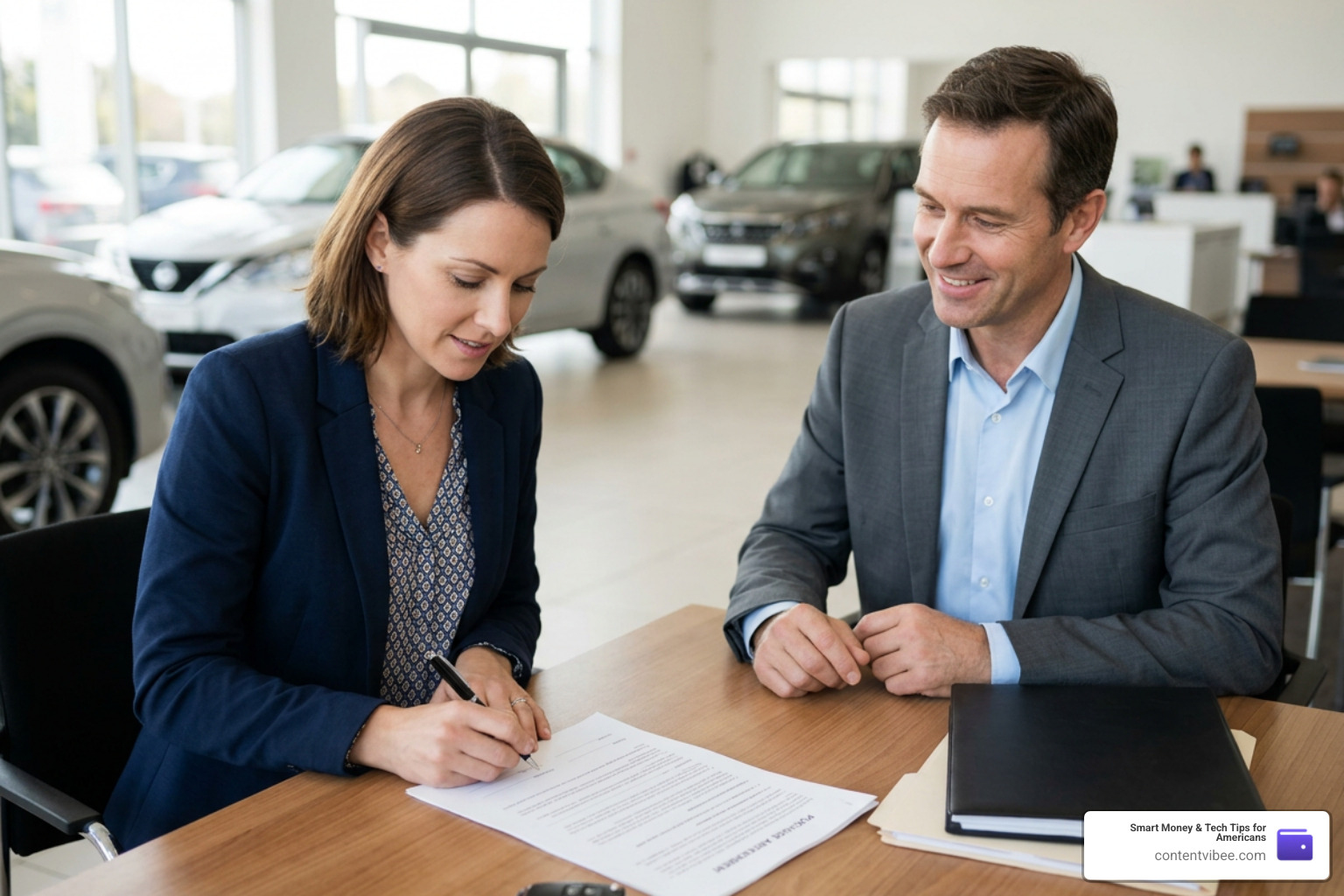 person signing a car purchase agreement at a dealership desk