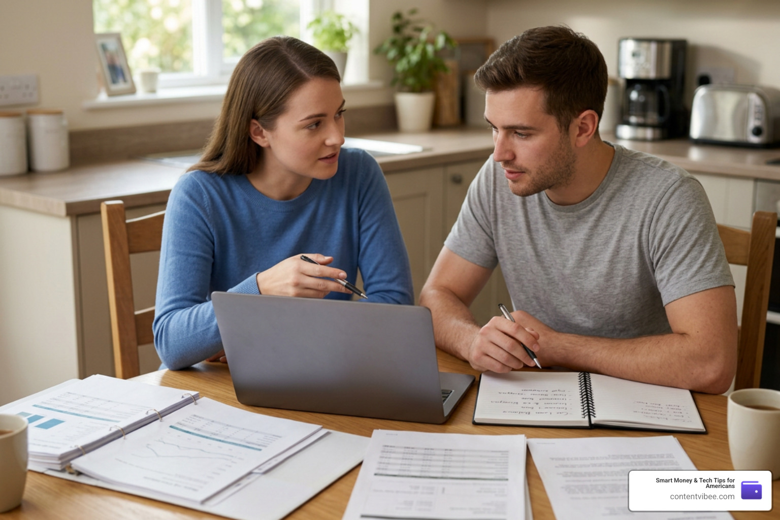 A couple planning their personal finances and discussing debt payoff strategies