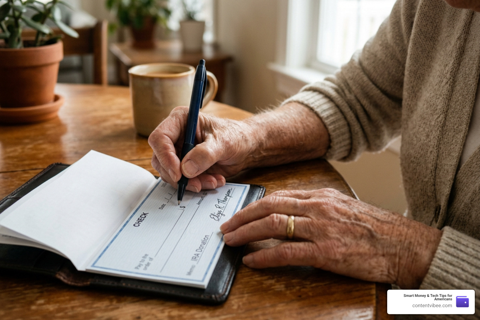 signing a donation check for a qualified charitable distribution