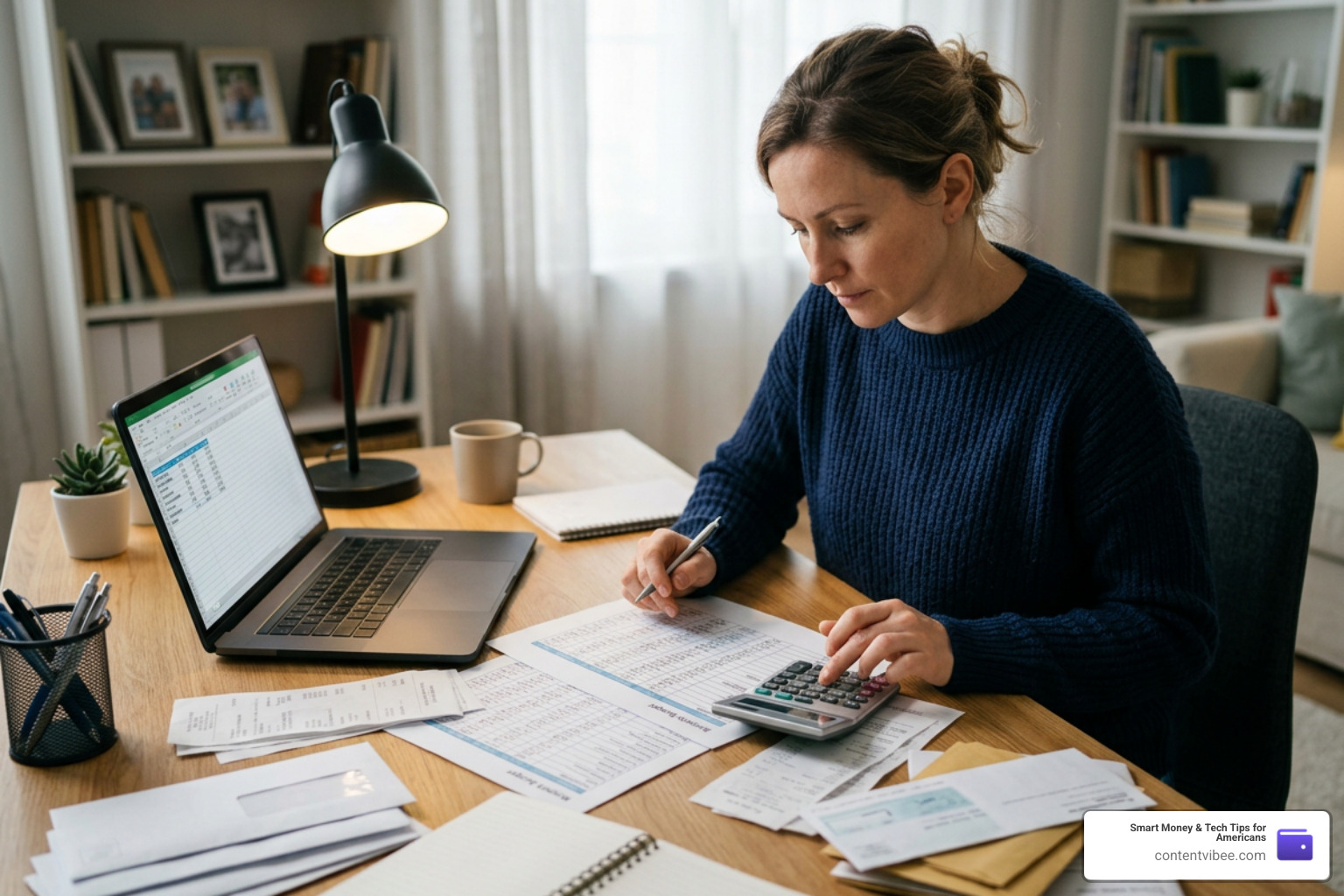 person calculating monthly budget with a calculator and spreadsheets