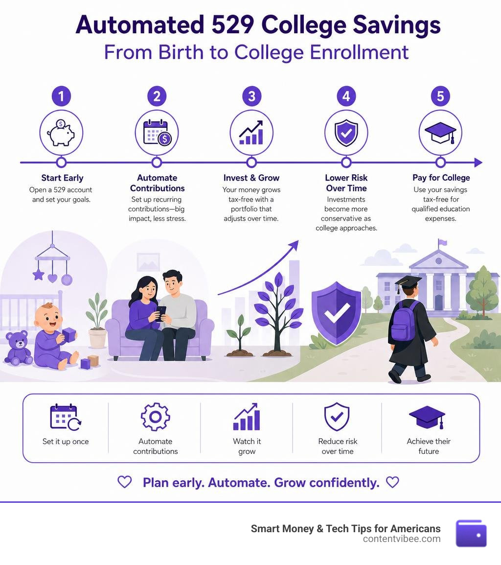 Timeline infographic showing how automated 529 college savings grow from birth to college enrollment infographic