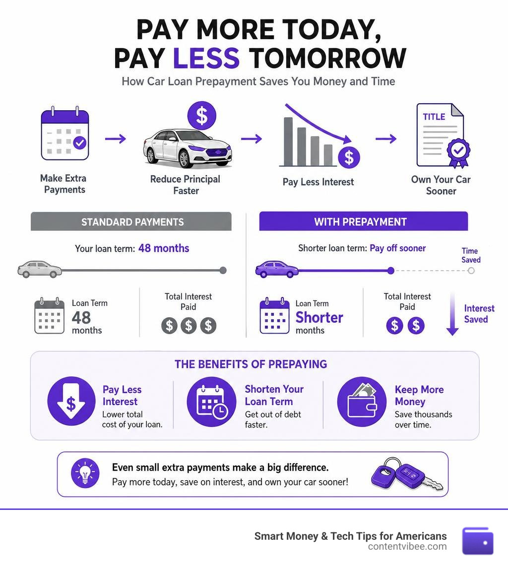 Infographic showing how car loan prepayment reduces interest costs and shortens loan term infographic