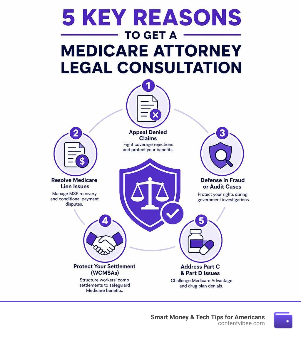 Infographic showing 5 key reasons to get a Medicare attorney legal consultation infographic