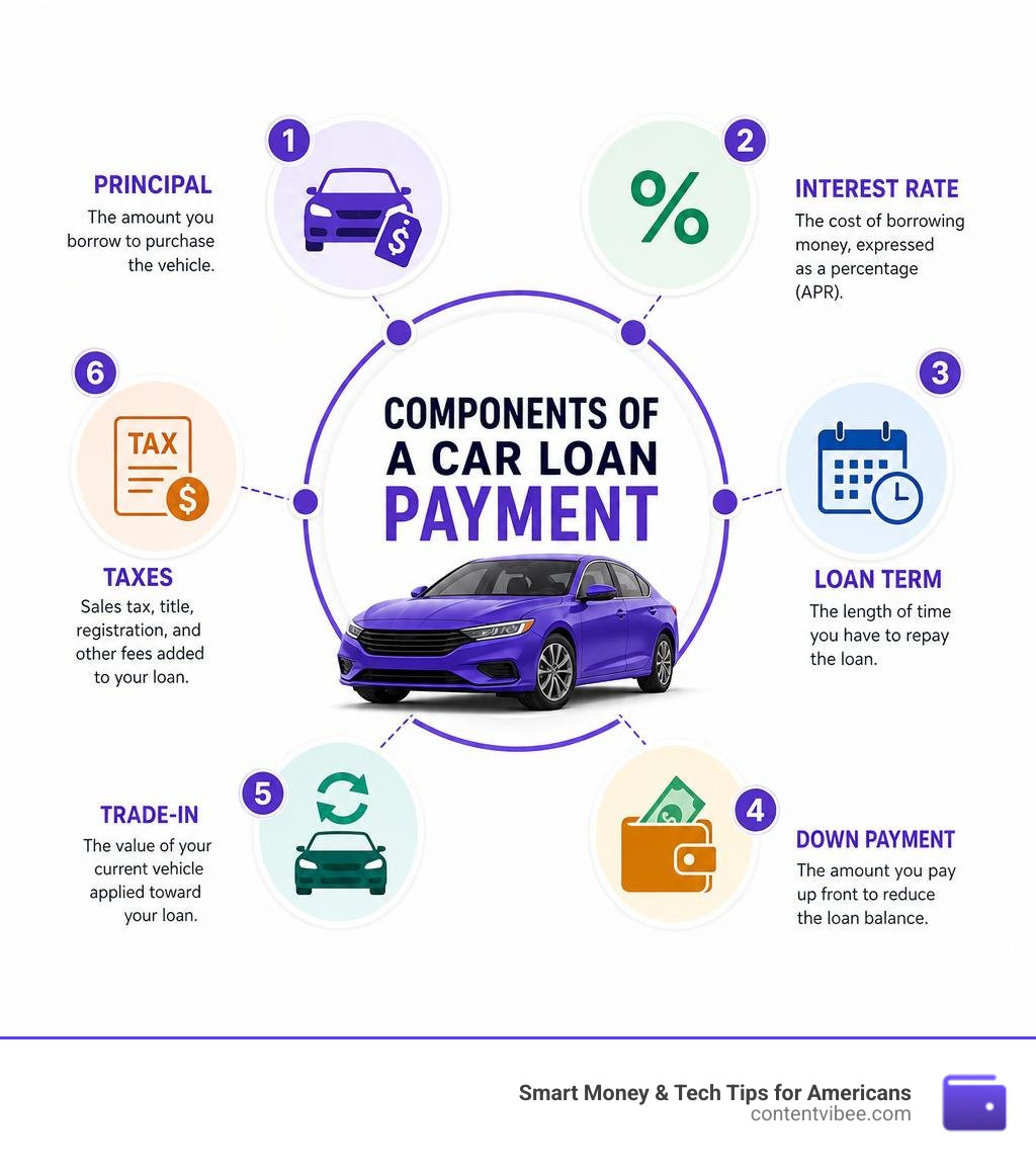 Components of a car loan payment: principal, interest rate, loan term, down payment, trade-in, taxes infographic