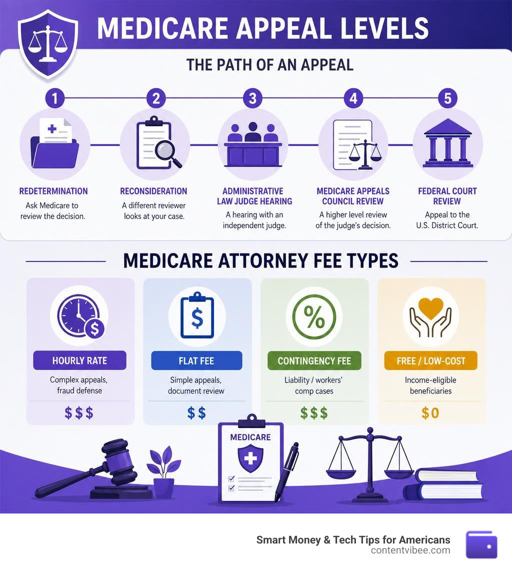 Medicare appeal levels and attorney fee types infographic infographic