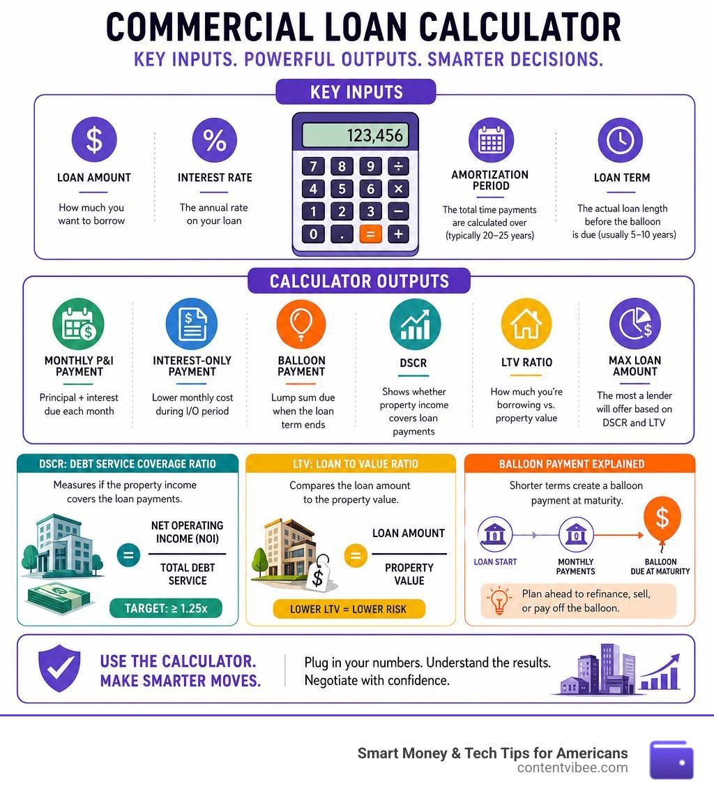 Commercial loan calculator key inputs, outputs, DSCR, LTV, and balloon payment explained infographic