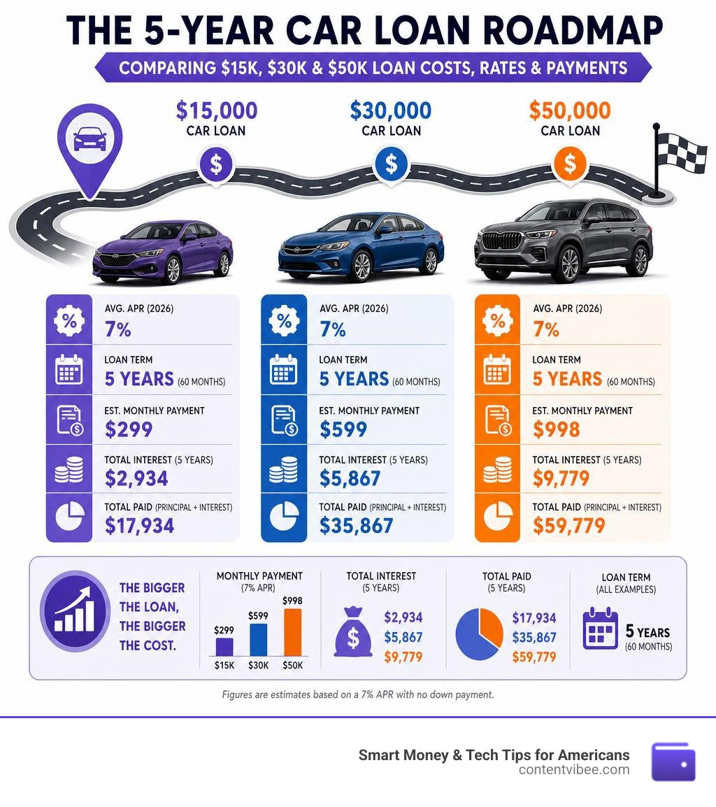 5-year car loan roadmap comparing $15k $30k and $50k loan costs rates and monthly payments infographic