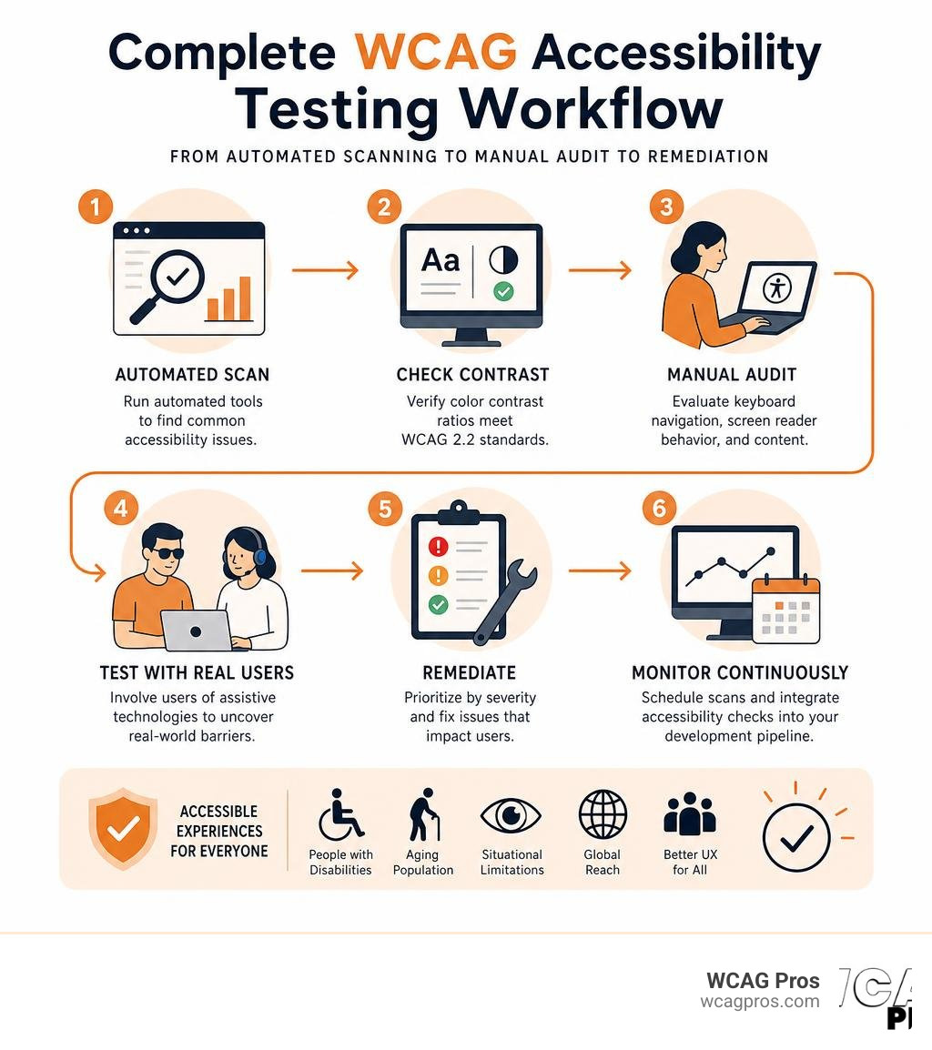 Complete WCAG accessibility testing workflow from automated scanning to manual audit to remediation infographic Complete WCAG accessibility testing workflow from automated scanning to manual audit to remediation infographic