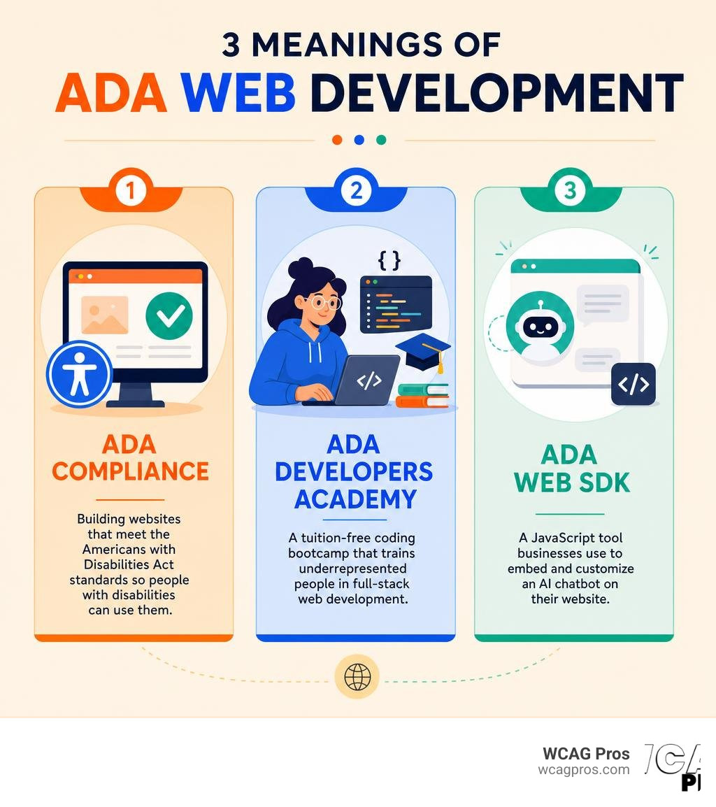 Infographic showing three meanings of ADA web development: ADA compliance, Ada Developers Academy, Ada Web SDK infographic Infographic showing three meanings of ADA web development: ADA compliance, Ada Developers Academy, Ada Web SDK infographic