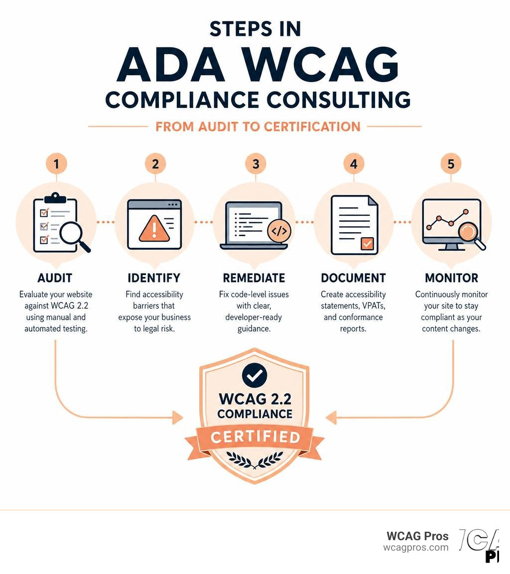 Steps in ADA WCAG compliance consulting from audit to certification infographic Steps in ADA WCAG compliance consulting from audit to certification infographic