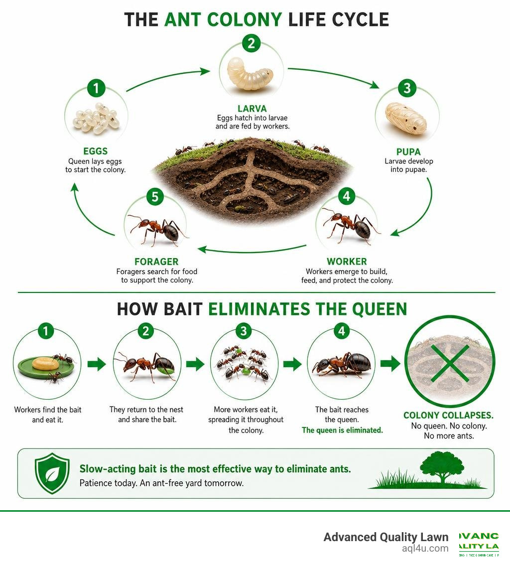 Infographic showing the life cycle of an ant colony from egg to forager and how bait eliminates the queen infographic