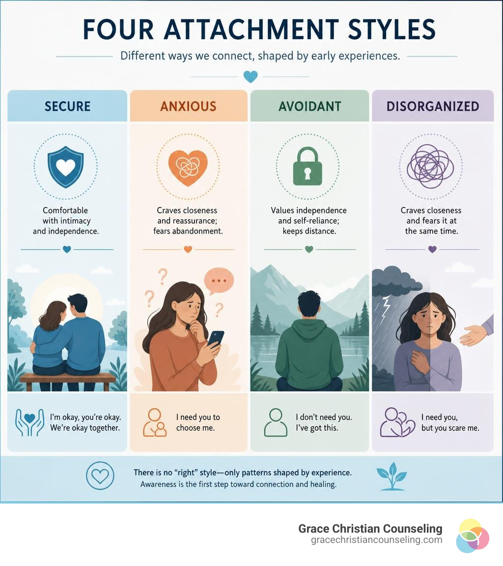 Four attachment styles infographic: secure, anxious, avoidant, and disorganized infographic
