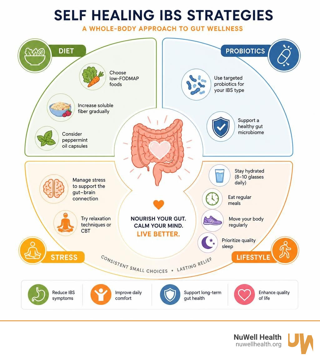 Overview infographic of self healing IBS strategies including diet, probiotics, stress, and lifestyle infographic