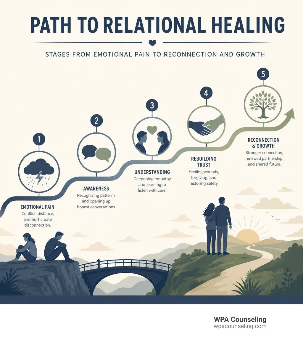 Path to relational healing: stages from emotional pain to reconnection and growth infographic Path to relational healing: stages from emotional pain to reconnection and growth infographic