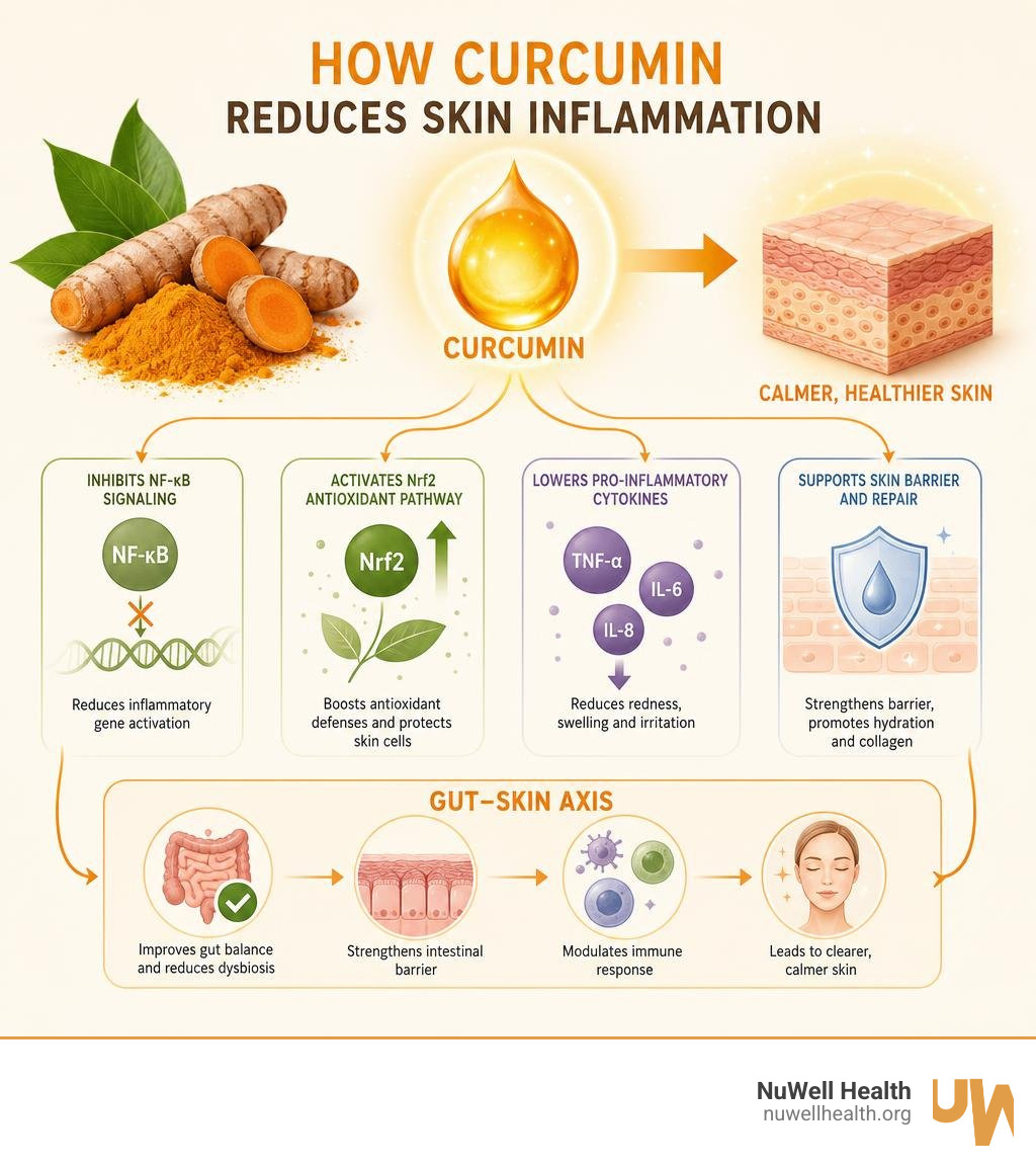 Infographic showing how curcumin reduces skin inflammation via NF-κB, Nrf2, cytokines, and gut-skin axis infographic Infographic showing how curcumin reduces skin inflammation via NF-κB, Nrf2, cytokines, and gut-skin axis infographic