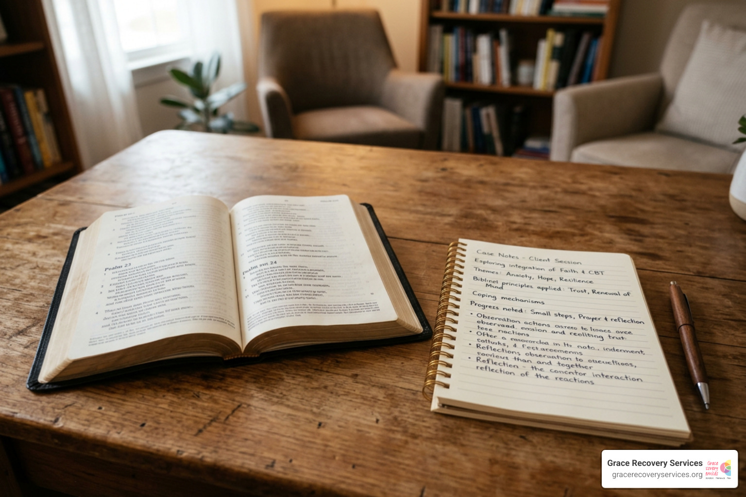 An open Bible alongside a counselor's notebook on a wooden table, symbolizing the integration of faith and clinical science