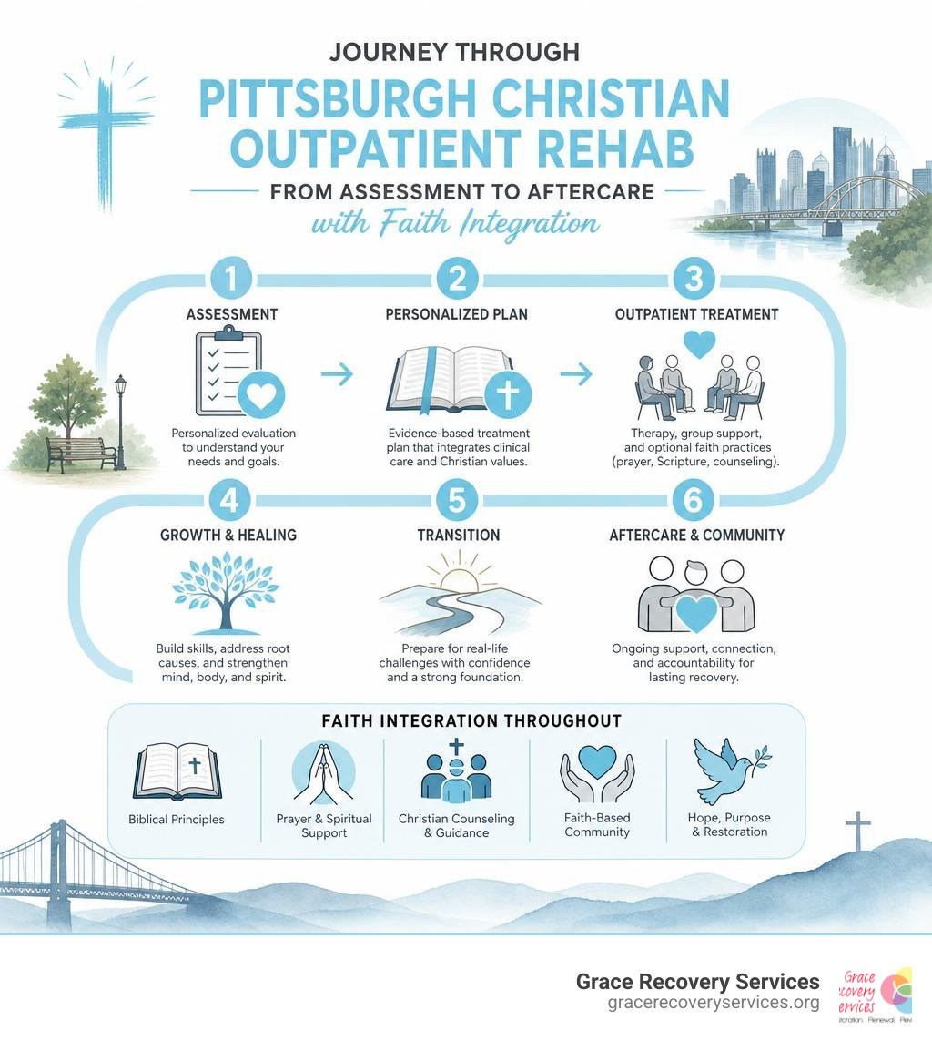 Infographic: Journey through Pittsburgh Christian outpatient rehab from assessment to aftercare with faith integration